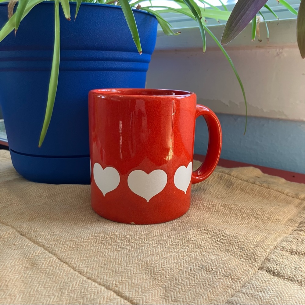Vintage West Germany Waechtersbach red ceramic mug with white hearts